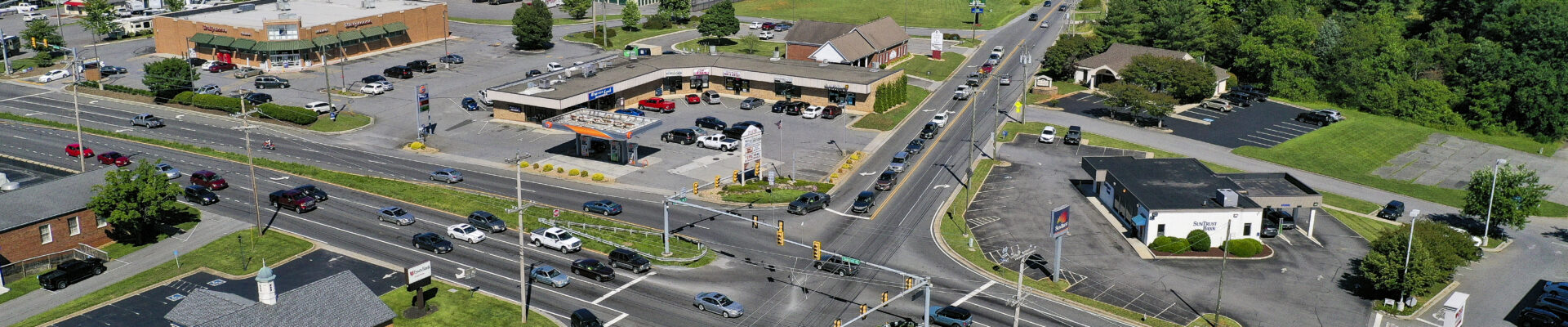 A bustling street intersection.