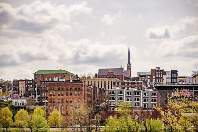 Skyline of city with large brick buildings