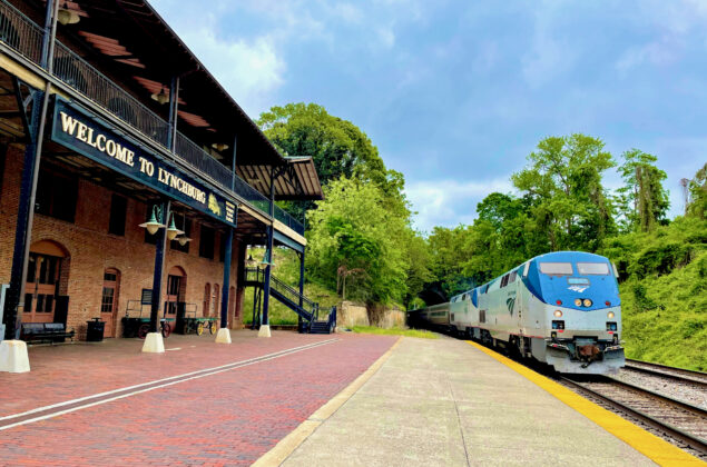 The Amtrak “Crescent” passenger train pulls into Lynchburg’s Kemper Street Station on a cloudy Spring day.