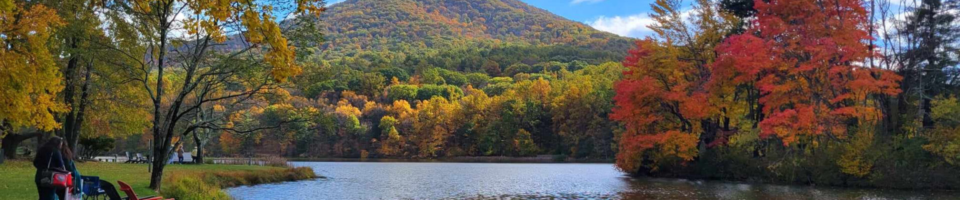 Vibrant fall foliage around a watershed with a peak in the background