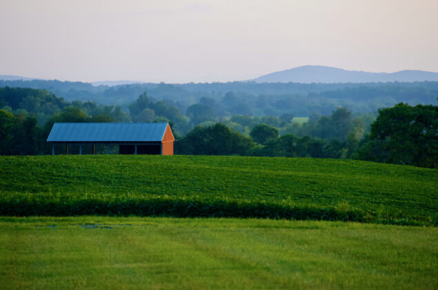 A red barn in a soybean against the backdrop of the Blue Ridge Mountains.