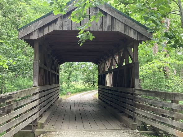 Covered bridge in lush setting